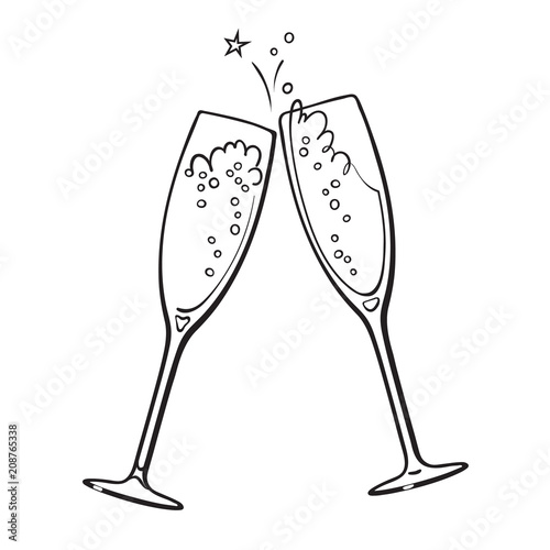 Black and white sketch of two glasses of champagne