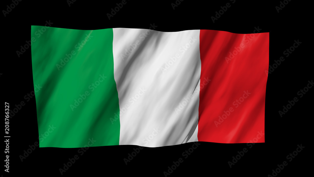 The Italy flag in 3d, waving in the wind, on black background.