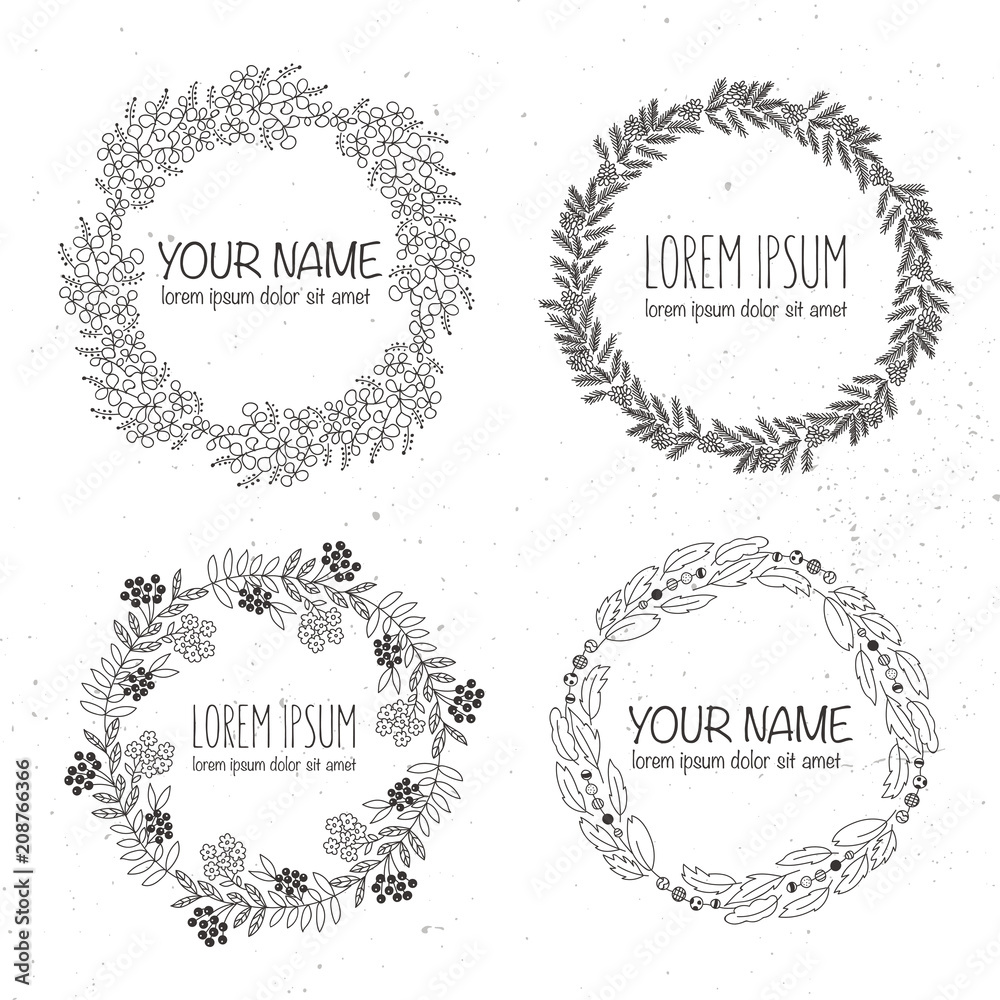 Vector collection of hand drawn logo templates. Wedding, family, children photographer logotypes. Vintage badges wreath