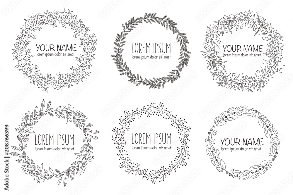 Vector collection of hand drawn logo templates. Wedding, family, children photographer logotypes. Vintage badges wreath