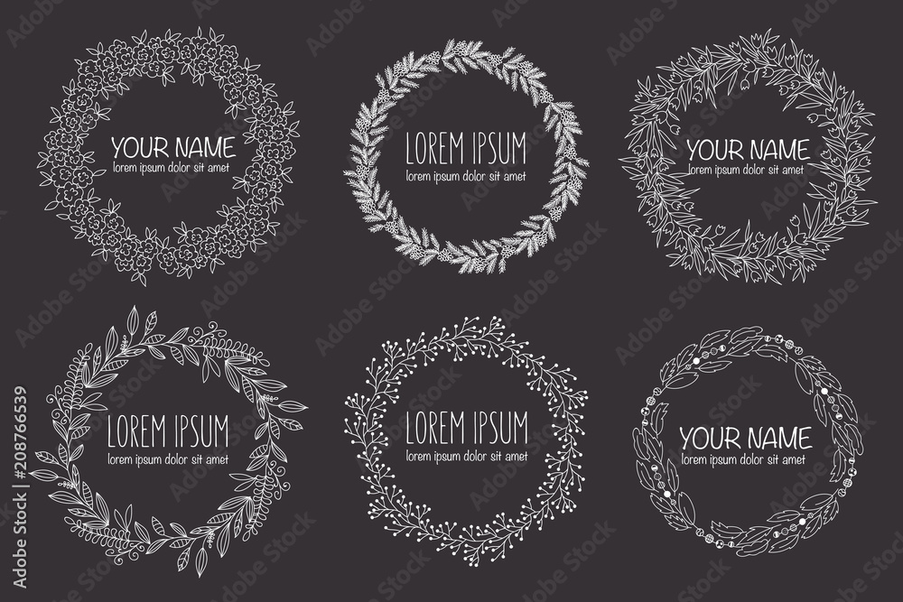 Vector collection of hand drawn logo templates. Wedding, family, children photographer logotypes. Vintage badges wreath