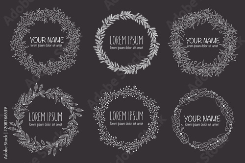 Vector collection of hand drawn logo templates. Wedding, family, children photographer logotypes. Vintage badges wreath