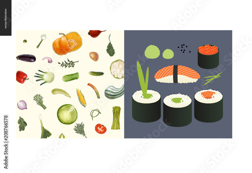Simple things - meal - flat cartoon vector illustration of vegetables pattern, greens, onion, pumpkin, salad, corn and tomato, sushi and rolls with salmon and rice, wasabi on side - meal composition