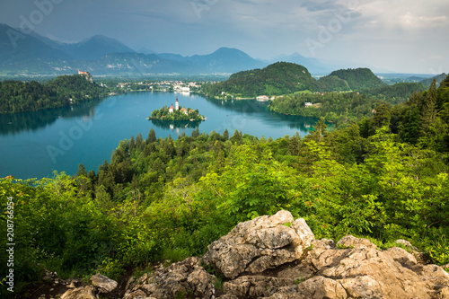 View from the top of Ojstrica to Lake Bled on a spring sunny day  Slovenia