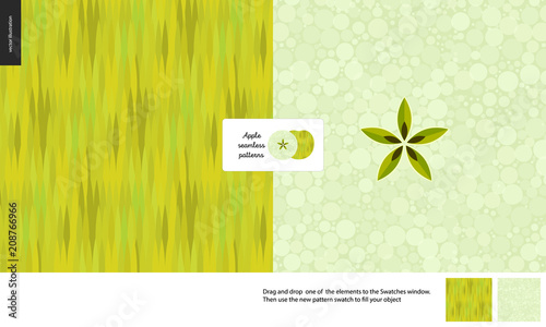 Food patterns, summer - fruit, apple texture, small half of green apple image in the center - two seamless patterns of the apple white greenish pulp with seeds and light green rind, green background