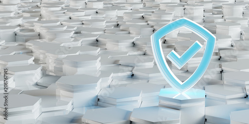 White blue shield icon on hexagons background 3D rendering