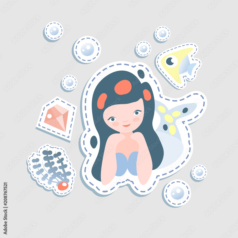 Fototapeta Cute little mairmaid - vector cartoon illustration. Fairy mermaids princess with underwater elements - coralls and bottle. Sticker cute mermaid character