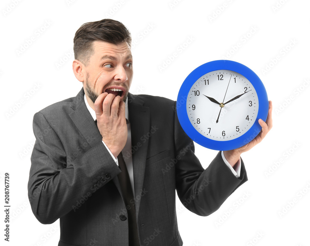 Businessman with clock on white background. Time management concept Businessman with clock on white background. Time management concept