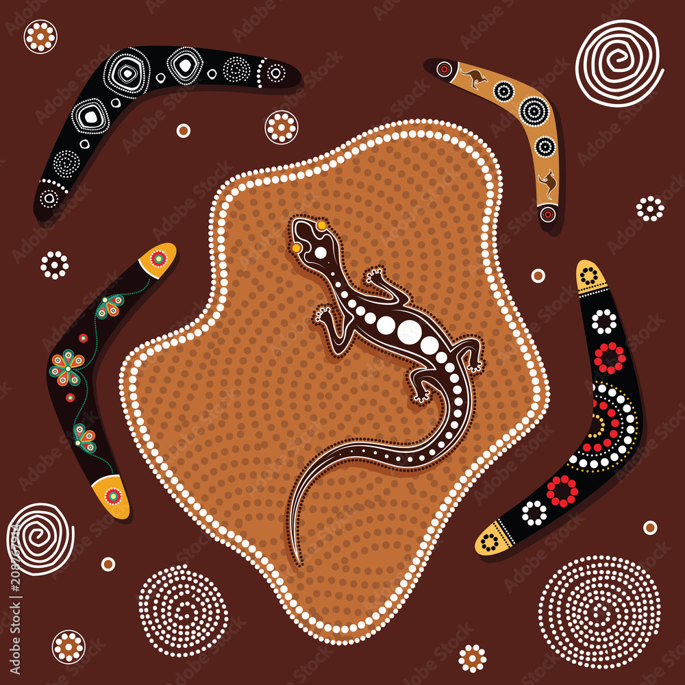 Naklejka premium Aboriginal art background with lizard. Illustration based on aboriginal style of dot painting.