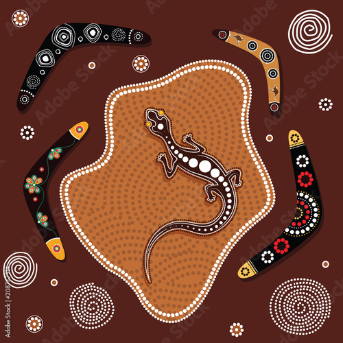 Aboriginal art background with lizard. Illustration based on aboriginal style of dot painting.