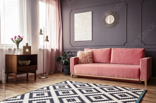 Side angle of a living room interior with a powder pink sofa, patterned rug, wooden cabinet and wall decorations photo