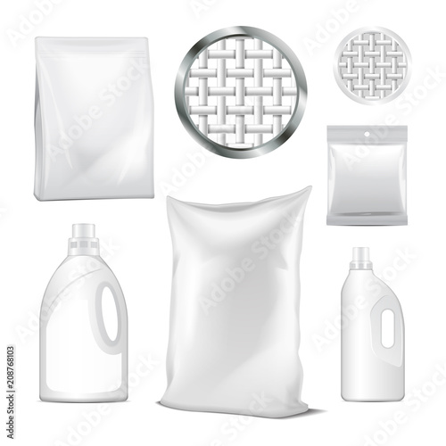 Set of vector bottles and pack of detergents for washing. Blank plastic bottle for laundry detergent. Realistic vector image