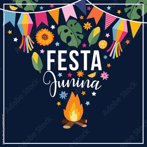 Festa junina, Brazilian june party. Greeting card, invitation. Latin American holiday. Vector illustration background with garland of bunting flags, fire, stars, corn, monstera leaves and sunflowers