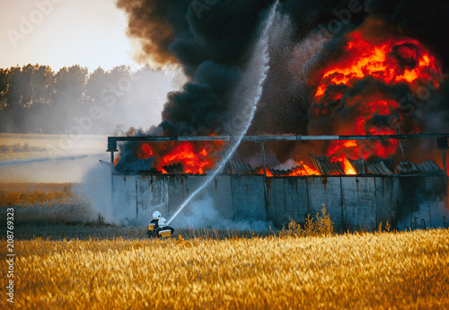 Firefighters with hose in front of huge fire among fields