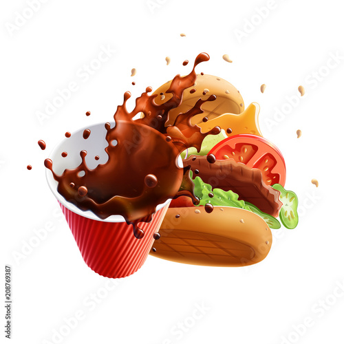 Coffee and Burger Dynamic Collision. Vector Objects Isolated on White Background.