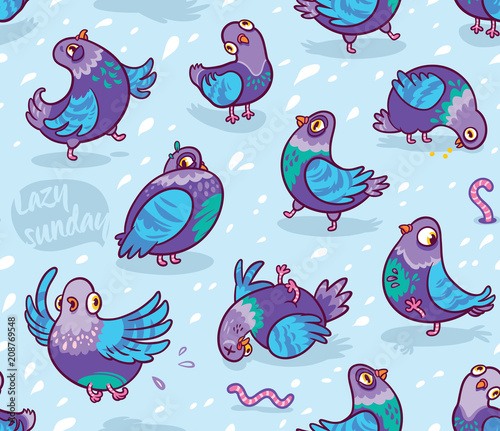 Seamless pattern with cartoon pigeons. Design for wrapping paper, fabric, textile, wallpaper, apparel