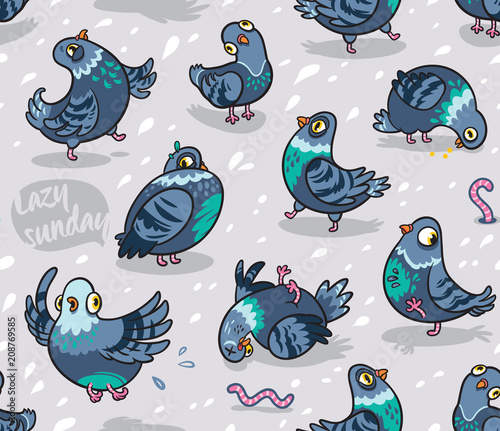 Seamless pattern with cartoon pigeons. Design for wrapping paper, fabric, textile, wallpaper, apparel