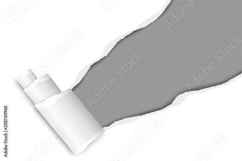 Diagonally snatched middle of white paper from upper right corner to lower left with torn edges, shadows, paper curl and gray background of resulting hole. Vector template paper design.