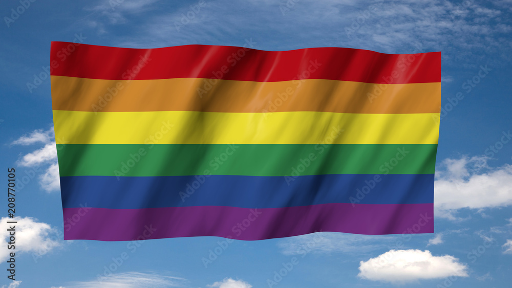 The rainbow flag in 3d, waving in the wind, on sky background.