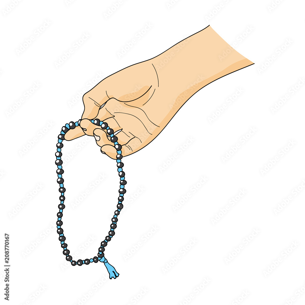Prayer beads in a hand. Counting in tasbih. Japa Mala meditation. Cartoon  vector illustration. Stock Vector