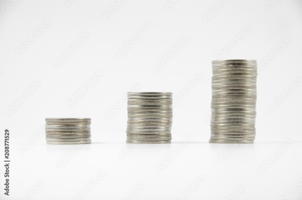 three thai coin stacks on white background three thai coin stacks on white background