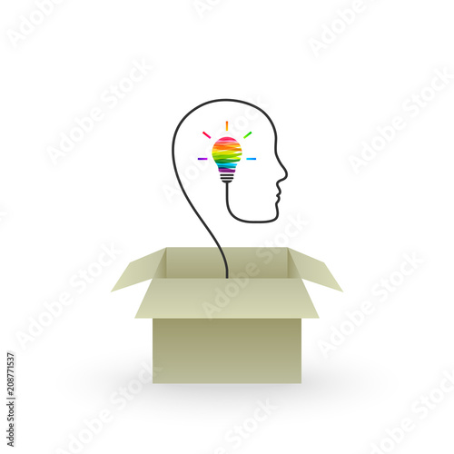 Think outside the box and creative idea concept with colorful lightbulb emerging out of cardboard box and wire forming head silhouette