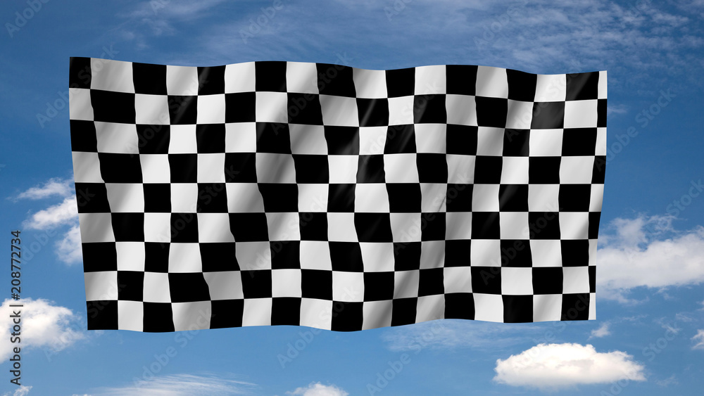 The checkered flag in 3d.The flag of car races, waving in the wind, on sky background.