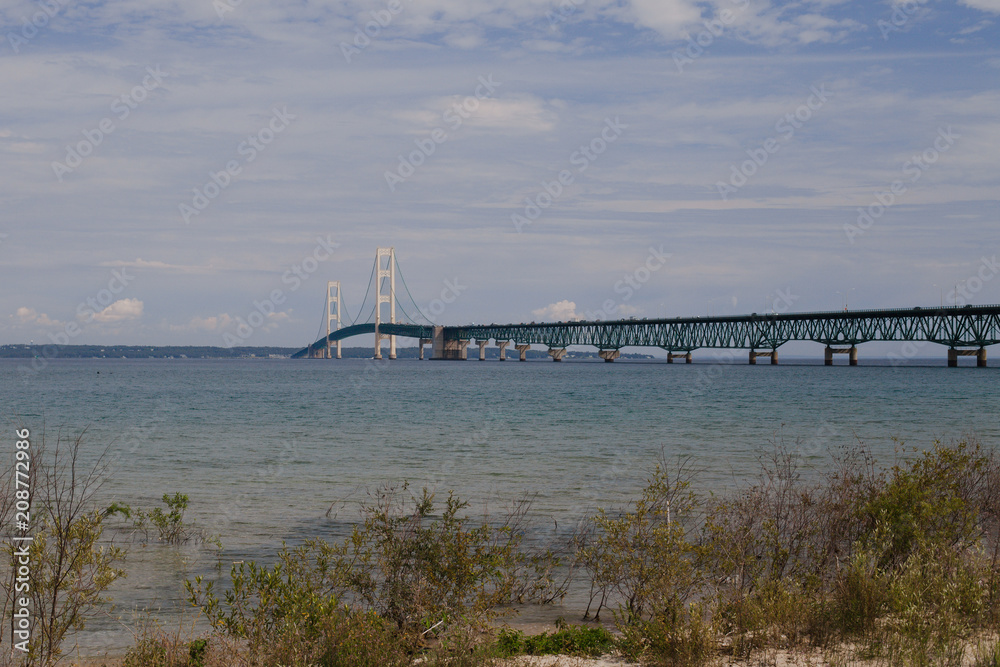 Mackinac bridge trough lake Huron and Michigan, USA