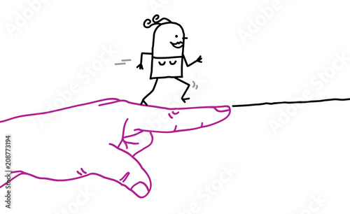 Big Hand with Cartoon Character - Go Sign and Running Woman
