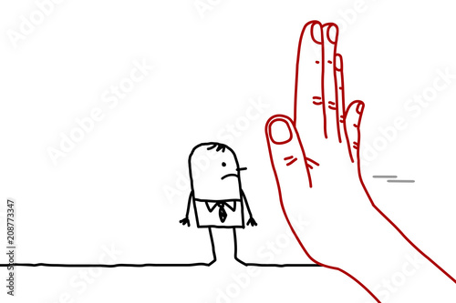 Big Hand with Cartoon Character - Stop Sign Facing a Man