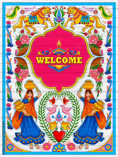 Colorful Welcome banner in truck art kitsch style of India