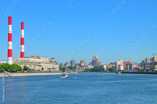 A view of the Moskva River and Moscow cityscape in Moscow, Russia.