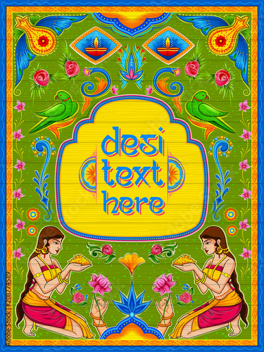 Colorful Welcome banner in truck art kitsch style of India
