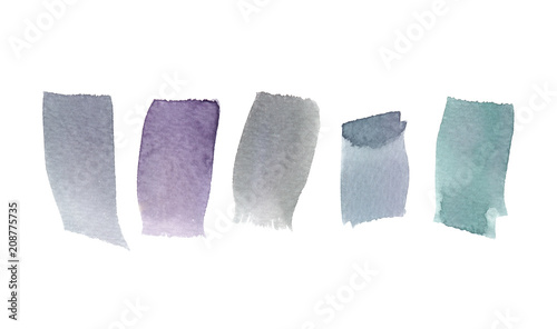 Set of five simple pastel colored brush strokes painted in watercolor on clean white background