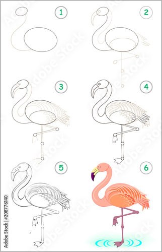 Page shows how to learn step by step to draw a cute flamingo. Developing children skills for drawing and coloring. Vector image.