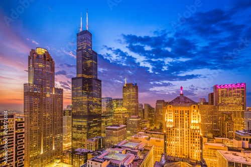 Chicago  Illinois  USA downtown cityscape at dusk.