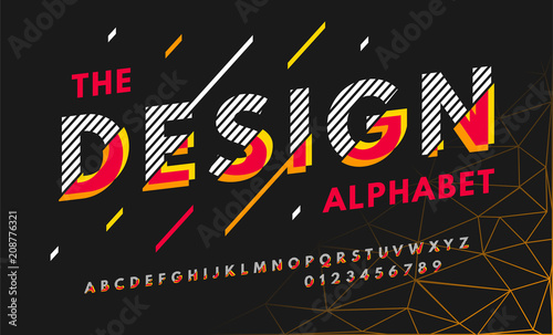 Stylish modern abstract font and alphabet with numbers. Vector colorful font from pieces of shapes and strips, glitch effect.