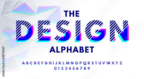 Plakat Stylowe nowoczesne abstrakcyjne czcionki i alfabetu z liczbami. Wektor kolorowe czcionki z kawałków kształtów i pasków, efekt usterki.
