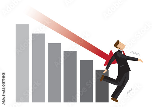 Businessman attack by the arrow which symbolise the downfall of the market. Metaphor of the falling of economy during bad times. Vector illustration.