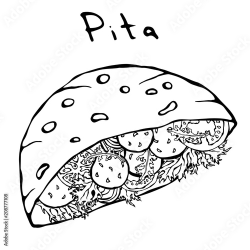 Falafel Pita or Meatball Salad in Pocket Bread. Arabic Israel Healthy Fast Food Bakery. Jewish Street Food. Realistic Hand Drawn Illustration. Savoyar Doodle Style.