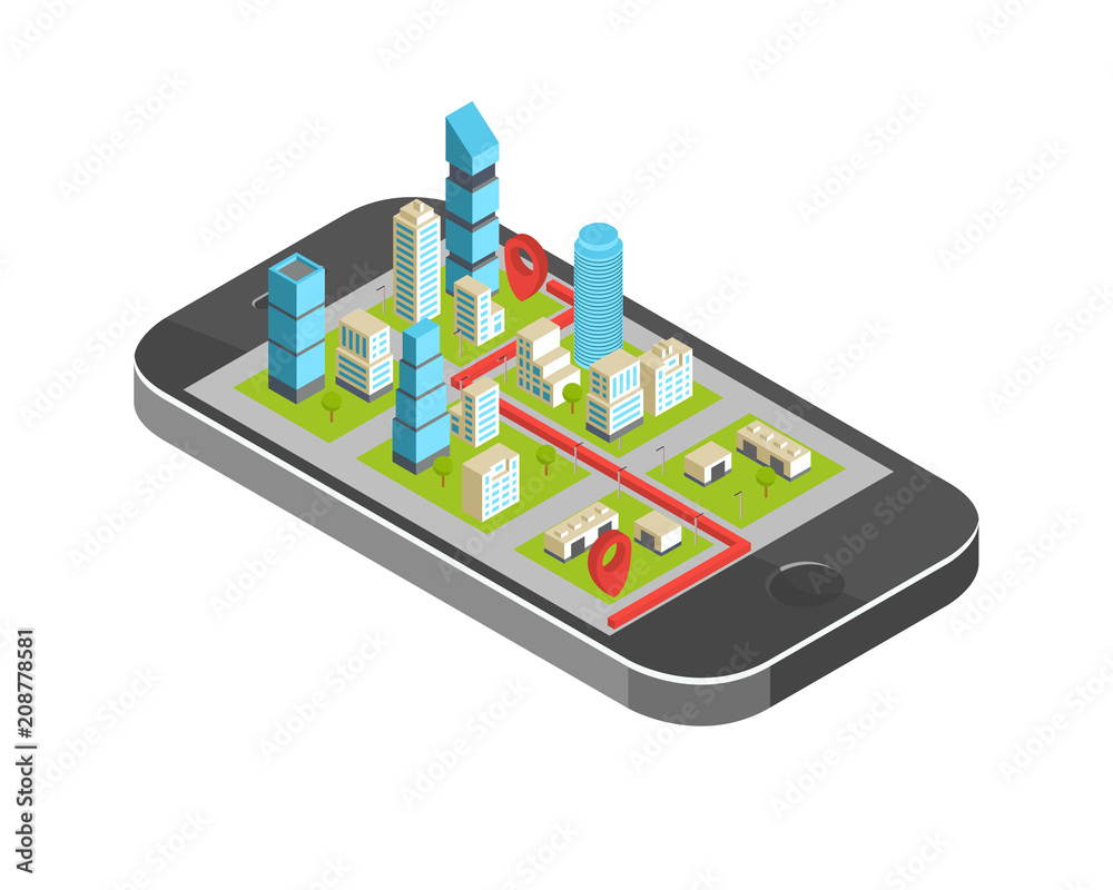 Isometric plan of the city with buildings and roads on the smartphone. Mobile navigation. Map, navigation scheme, navigation in a mobile application, vector illustration Isometric plan of the city with buildings and roads on the smartphone. Mobile navigation. Map, navigation scheme, navigation in a mobile application, vector illustration