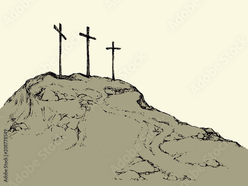Three crosses stand on  light sky backdrop