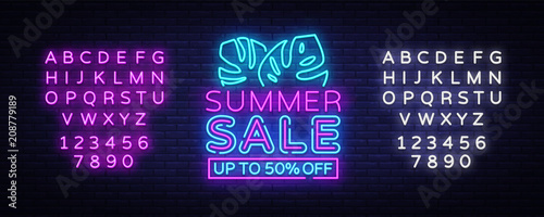 Summer Sale Flyer Design Template Vector. Summer discounts brochure with tropical leaves, modern trend design, neon style, light banner, bright neon advertising. Vector. Editing text neon sign