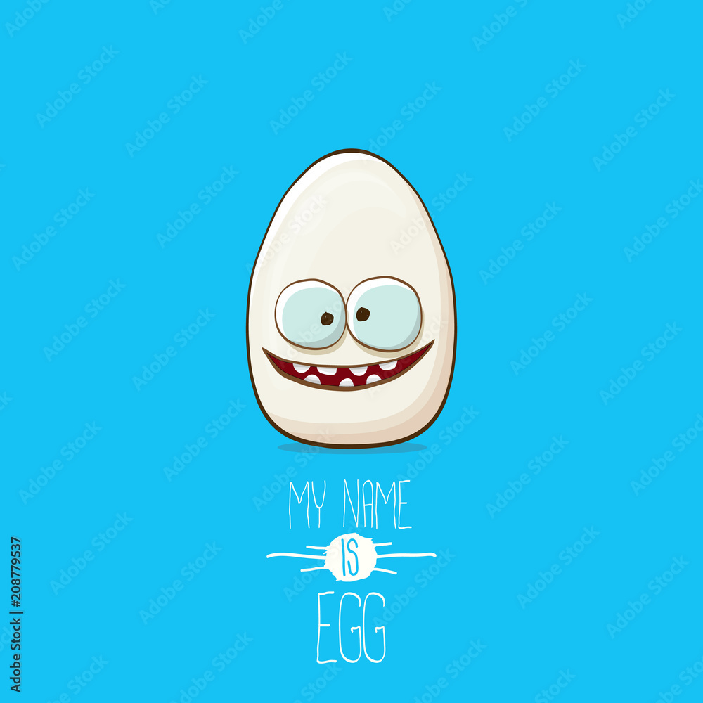 white egg cartoon characters isolated on blue background. My name is egg vector concept illustration. funky farm food or easter character with eyes white egg cartoon characters isolated on blue background. My name is egg vector concept illustration. funky farm food or easter character with eyes