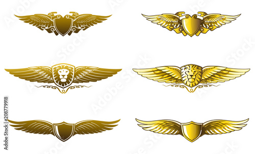 Winged golden badges awards set
