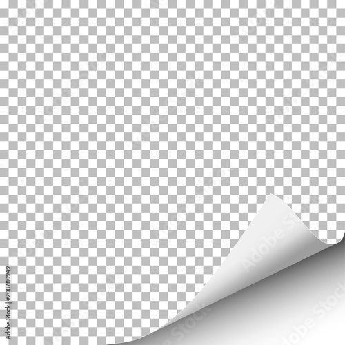 Vector sheet of paper with curled right corner from the bottom and soft shadow. Element with space for text and ad. Template paper design. Vector illustration.