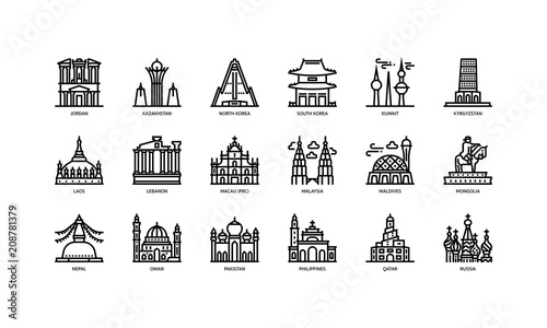 Asian cities landmarks icons set 2