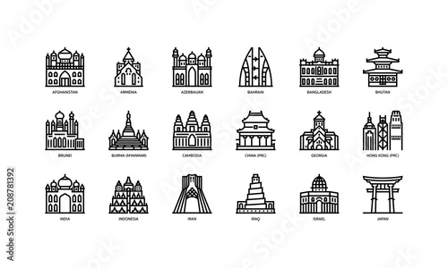 Asian cities landmarks icons set 1