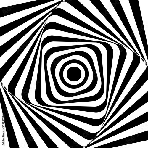 Optical illusion. Illusion art. Abstract twisted black and white background. Vector illustration.