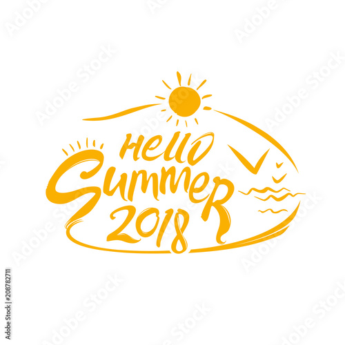 Hello Summer 2018. Vector laconic template with the sun and sea gulls. Handwritten symbolsummer vacation time.